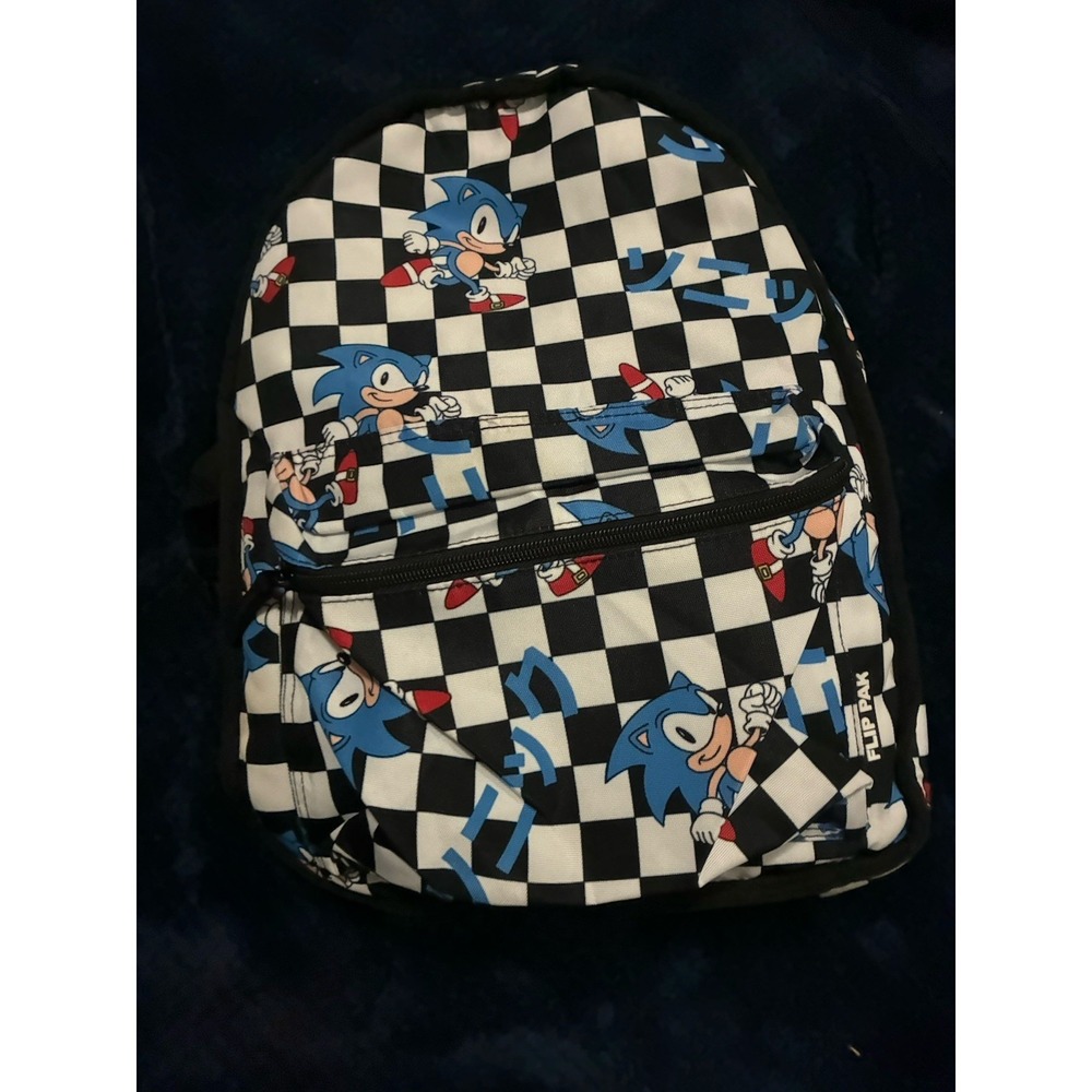 Sonic The Hedgehog Backpack Checkered 4 Pockets Kids Book Bag Black White
